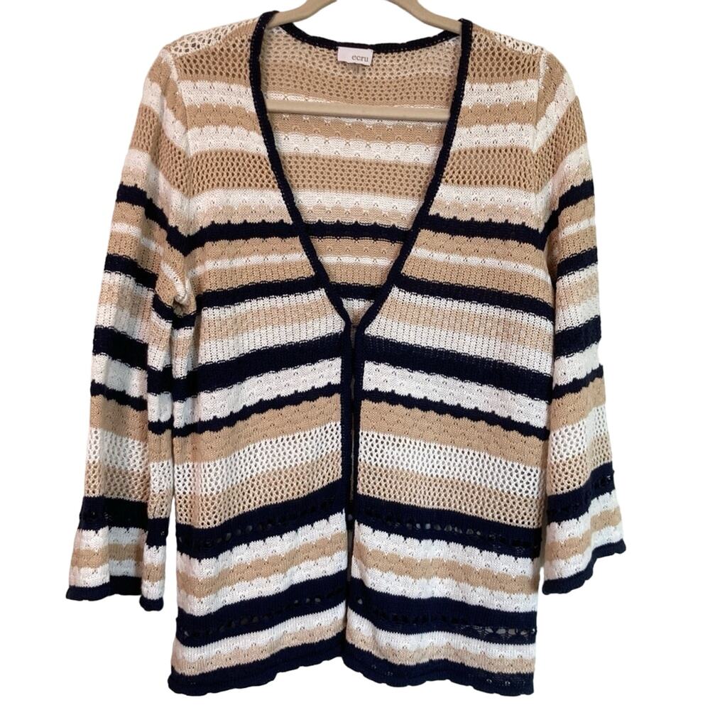 Tan Striped Linen Blend Cardigan S Crochet Beach Coverup Bell Sleeve Coastal